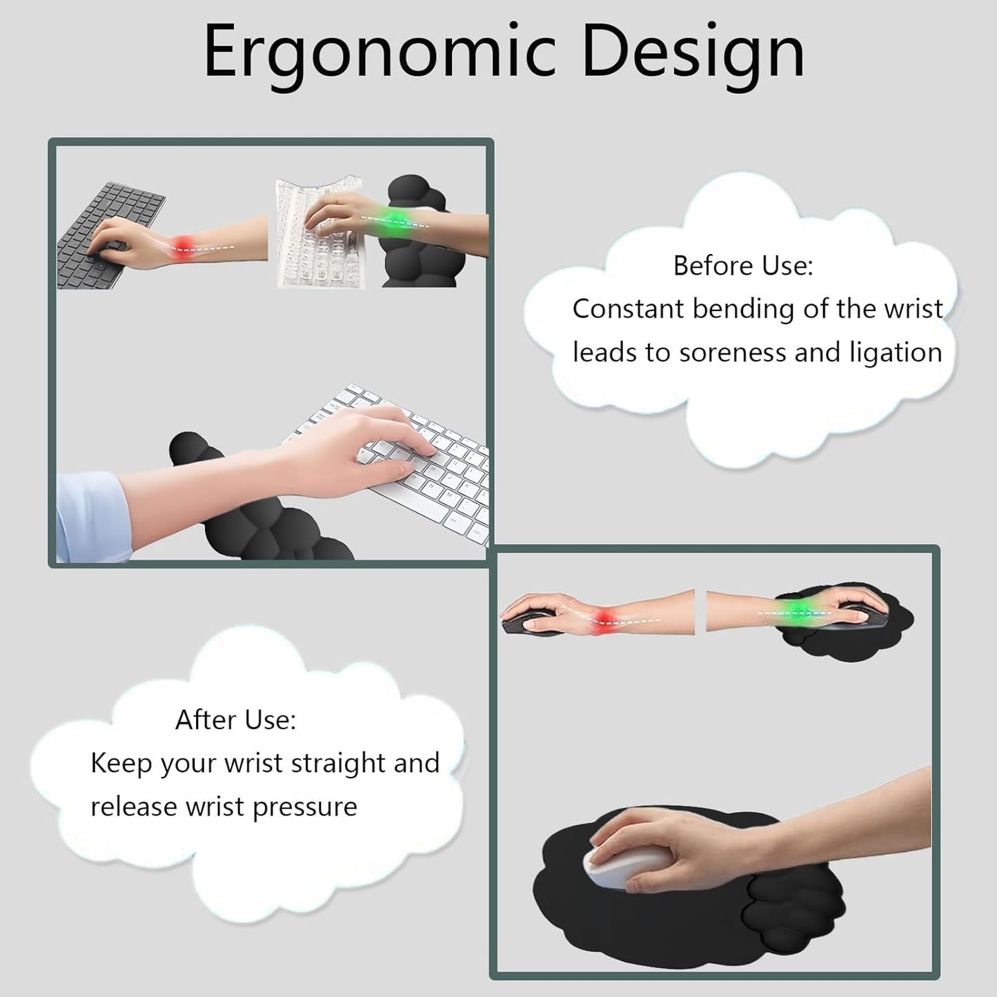 Cloud-Vormige Ergonomische Polssteun Set met Muismat & Onderzetter - Zeyora