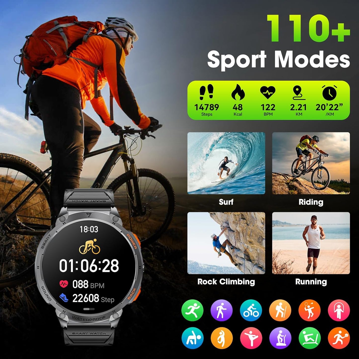 Militaire Smartwatch voor Mannen met 1,85" HD Scherm en Fakkel