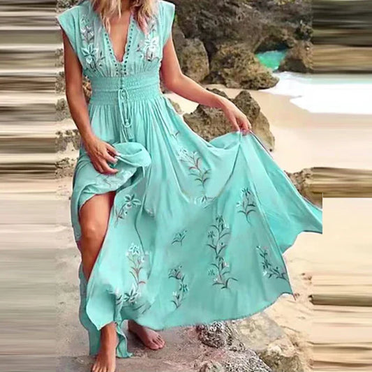 Boho Zomer Maxi Jurk met V-Hals en Luchtige Pasvorm - Talia