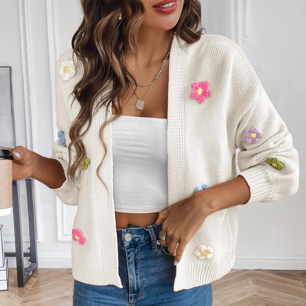 Gebreid Damesvest met 3D Bloemen – Maribel