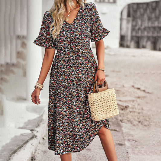 Trendy Bloemenprint Midi Jurk - Livia