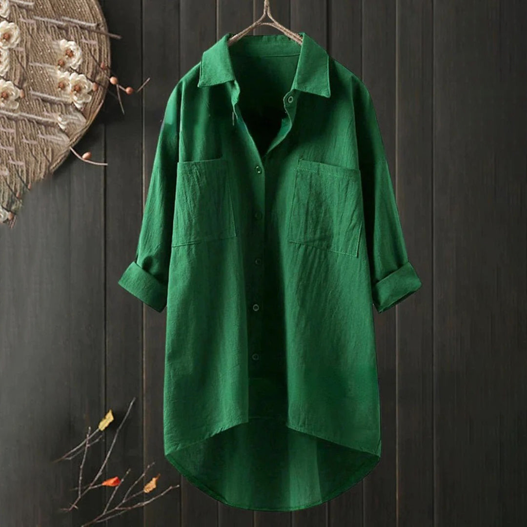 Luchtige Damesblouse met Lange Mouwen en Voorzakken – Selene