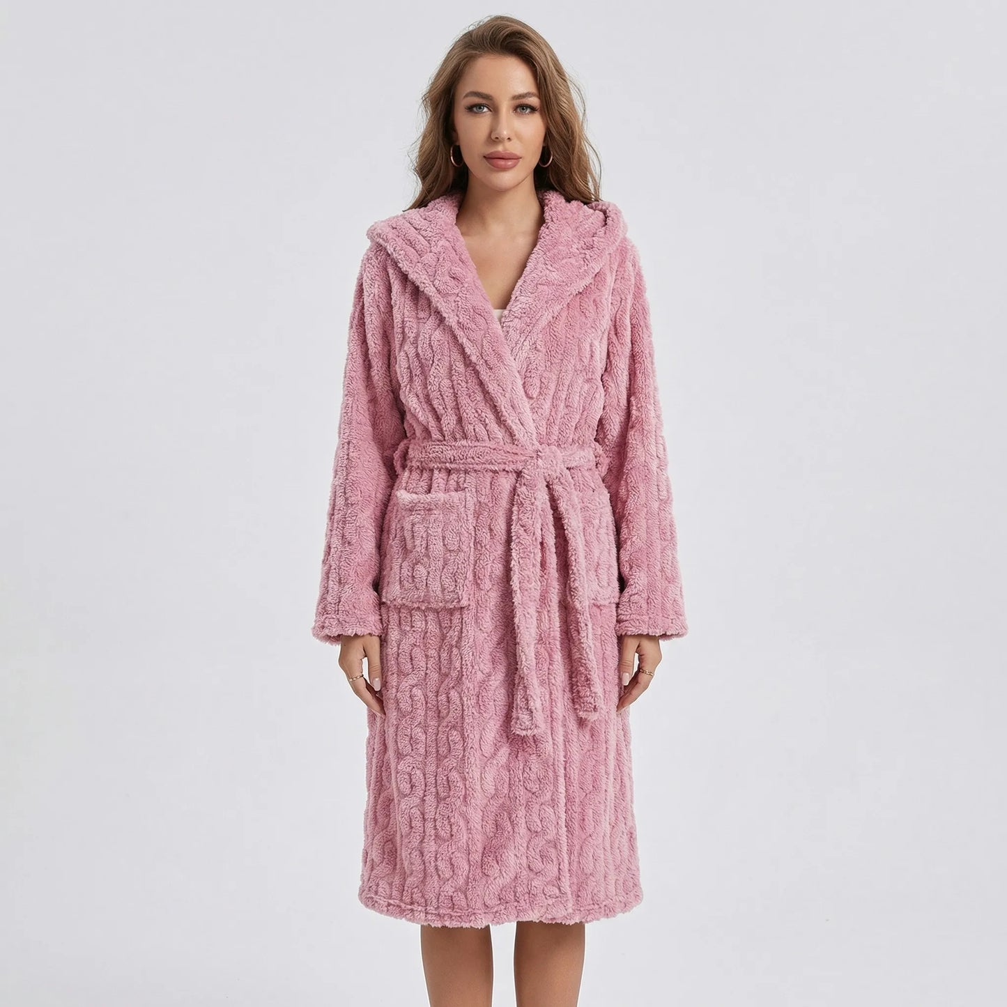 Long Hooded Dressing Gown With Belt - Brittany