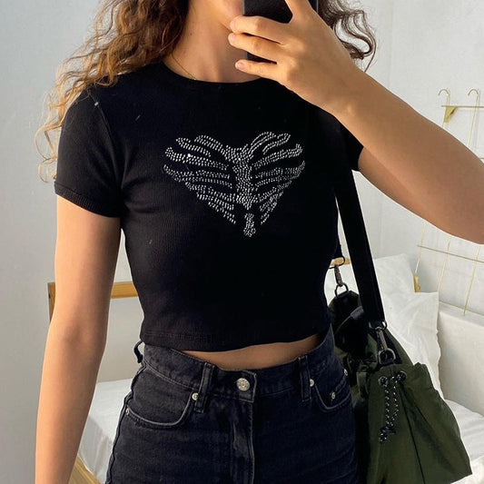 Trendy dames crop-top met strass-skeletpatroon - Yara