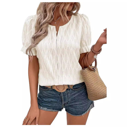 Luchtig & stijlvol dames pofmouwenshirt met kantaccent – Noemi