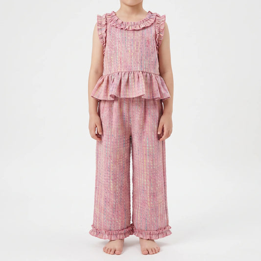 Pastel Plaid Ruffle Trim Top And Trouser Set - Miralis