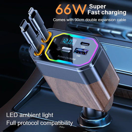 120W 4-in-1 Opvouwbare Auto Oplader met USB-C & Sigarettenaansteker Adapter – Vega
