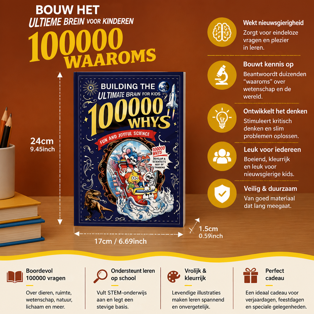 Feiten- en vragenboek voor kinderen met 100.000 waaromvragen, boek rechtopstaand op een plank met afmetingen