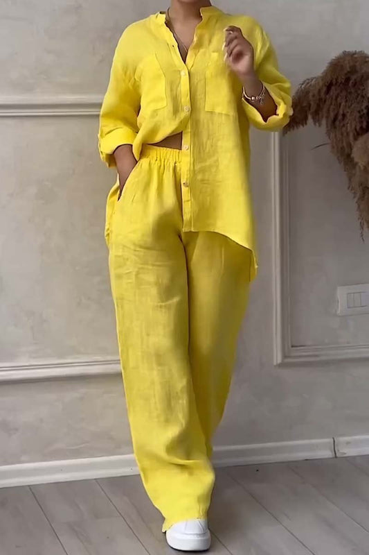 Trendy tweedelige linnen dames set met blouse en wijde broek - Lina