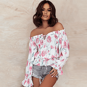 Gebloemde dames chiffon blouse met ruches mouwen – Elvira