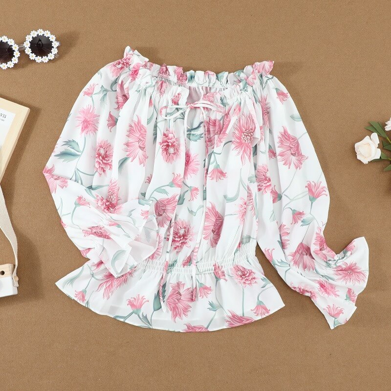 Gebloemde dames chiffon blouse met ruches mouwen – Elvira