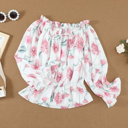 Gebloemde dames chiffon blouse met ruches mouwen – Elvira