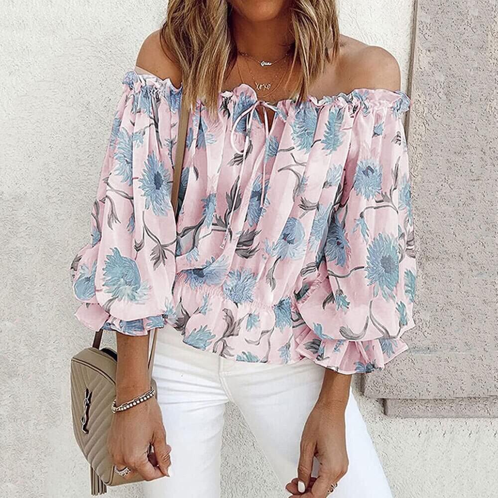 Gebloemde dames chiffon blouse met ruches mouwen – Elvira