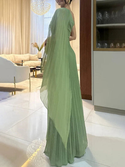 Trendy one-schouder maxi jurk met plisséplooien – Mirella