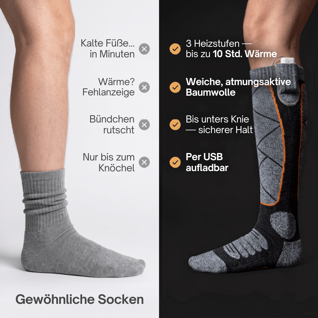 Vergelijking van been in gewone grijze sok en been in grijs zwarte kniehoge verwarmde sok