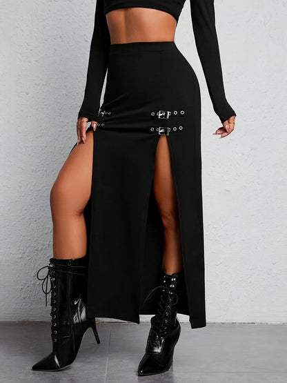 Zwarte Hoge Taille Split Rok - Sophie