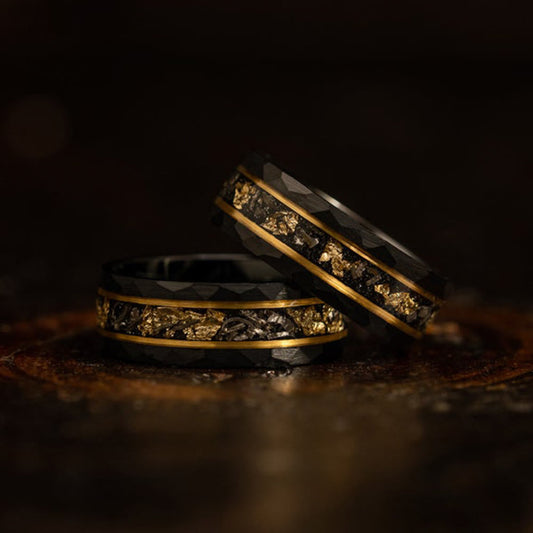 Gouden Blad en Zwarte Meteoriet Wolfram Ring - Orion