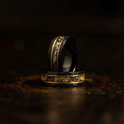 Gouden Blad en Zwarte Meteoriet Wolfram Ring - Orion