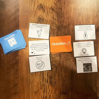 Muziekgebaseerd bordspel met songkaarten en Monopoly-geld voor spelavonden