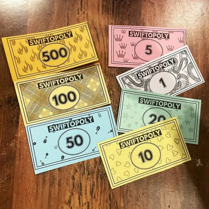 Muziekgebaseerd bordspel met songkaarten en Monopoly-geld voor spelavonden