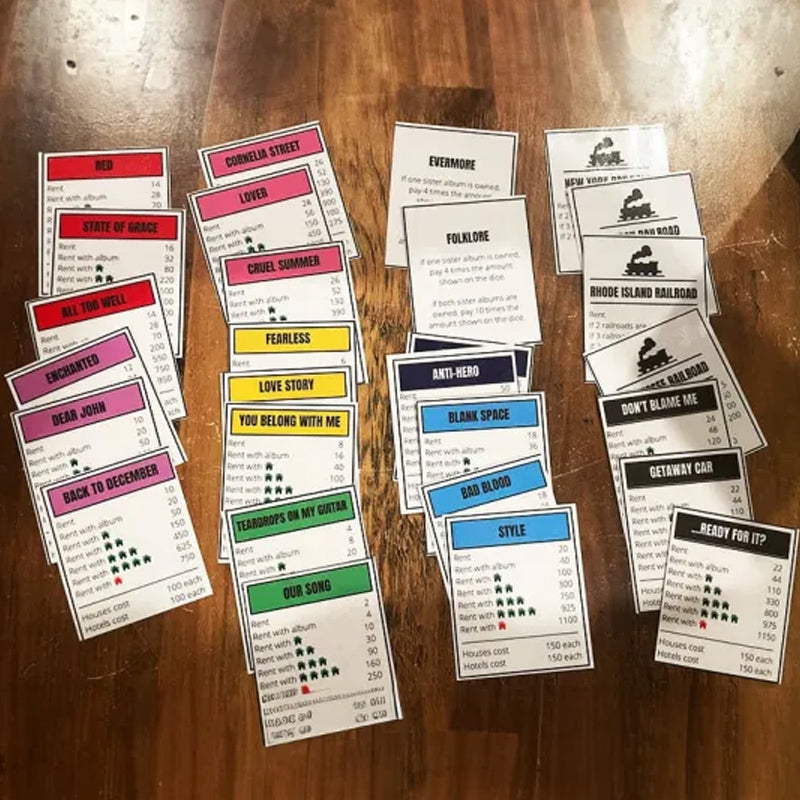 Muziekgebaseerd bordspel met songkaarten en Monopoly-geld voor spelavonden