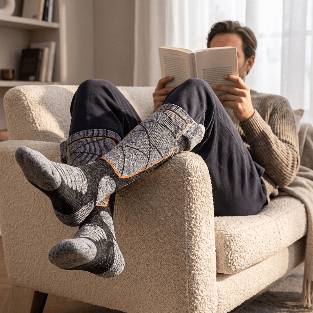 Man leest een boek in een fauteuil en draagt grijs zwarte kniehoge sokken met oranje details