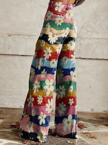 Trendy Retro Flared Bloemenbroek met Hoge Taille - Mirella