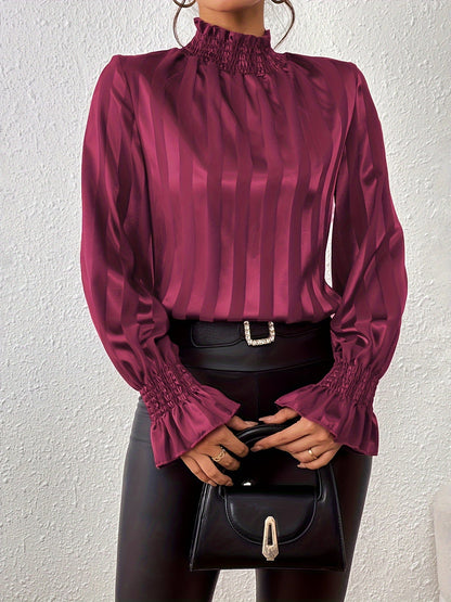 Satijnen Dames Blouse Met Lange Mouwen En Shirred Kraag – Noëlle