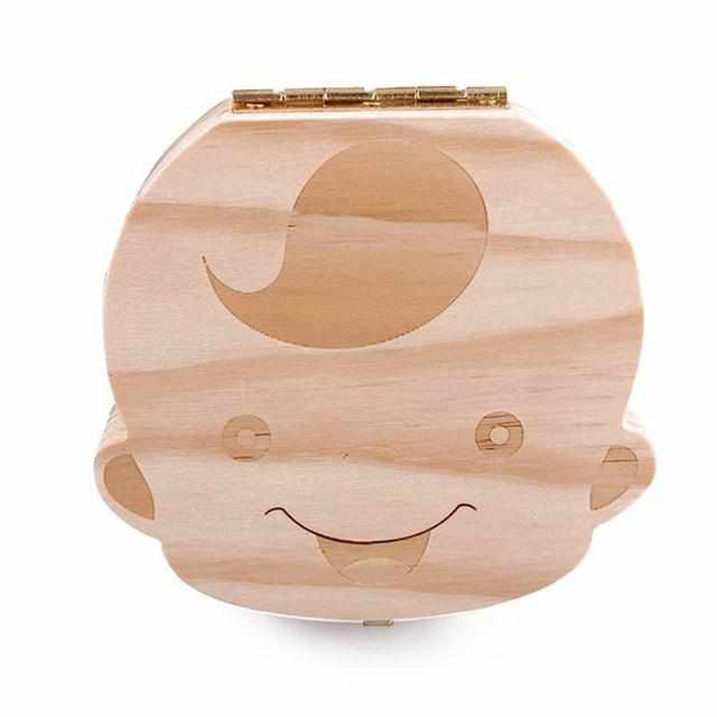 Houten doosje voor melktanden met inlegvakken als herinnering aan de tandwisseling.