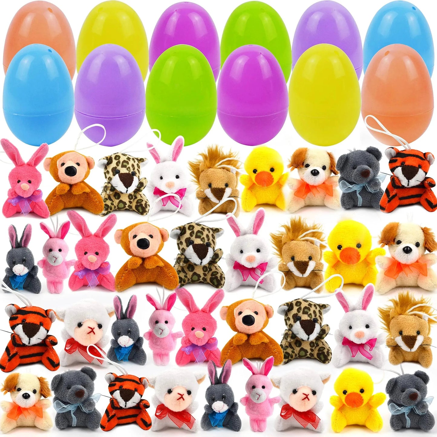 Pluche paaseieren met mini-diertjes voor kinderen – set van 12 verrassingseieren