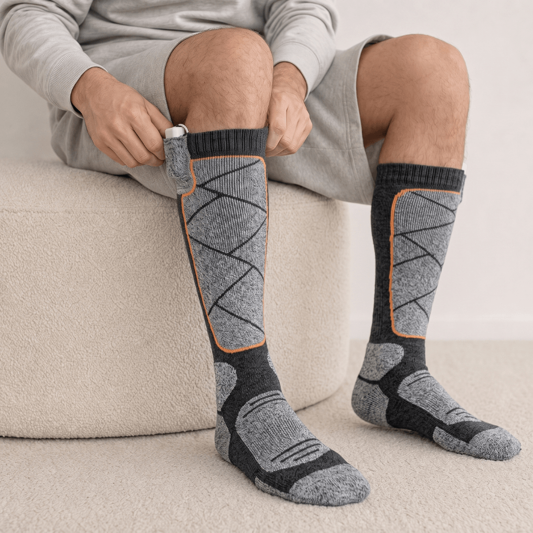 Man in grijs joggingpak zit op een poef en trekt grijs zwarte kniehoge sok aan