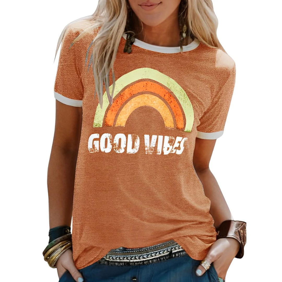 Dames T-shirt met Regenboogprint – Sunny