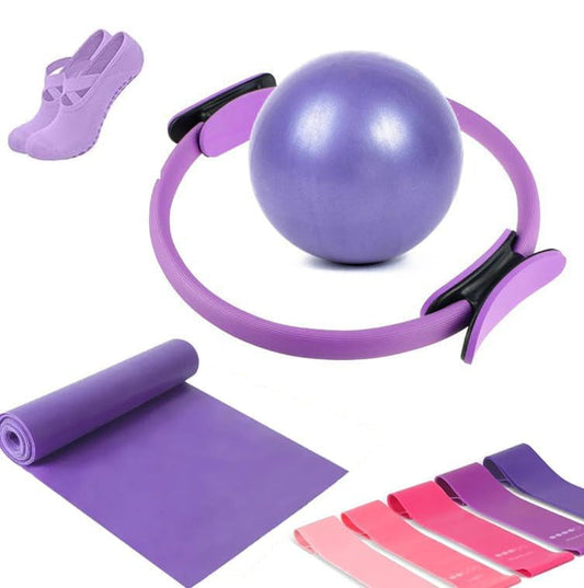 9-delige thuis-pilatesset met ring, bal, banden en antislipsokken