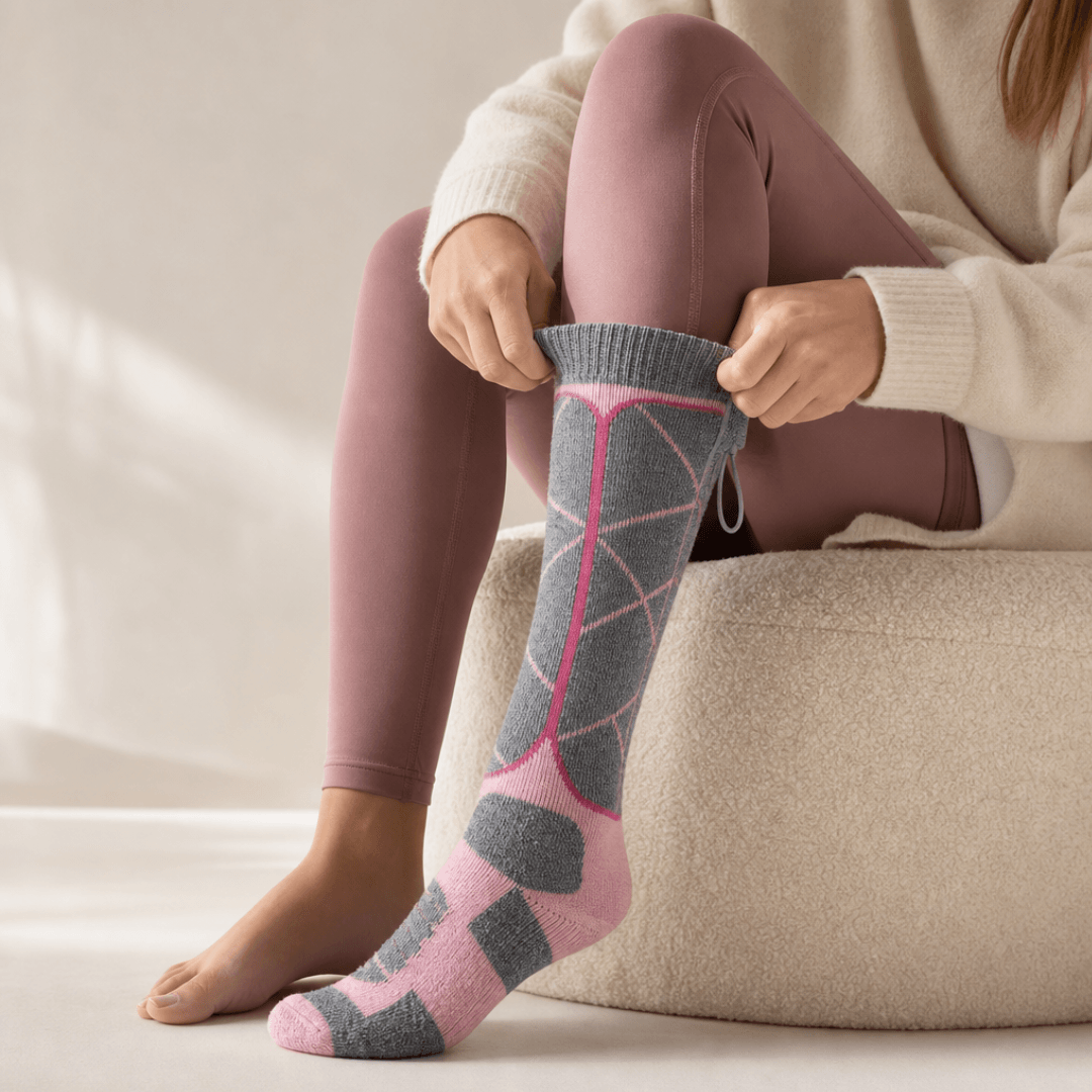 Vrouw in legging trekt roze en grijze kniehoge sok omhoog terwijl ze op een poef zit