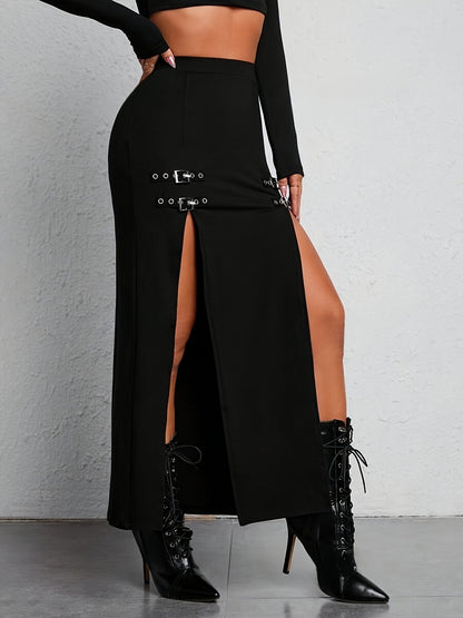 Zwarte Hoge Taille Split Rok - Sophie
