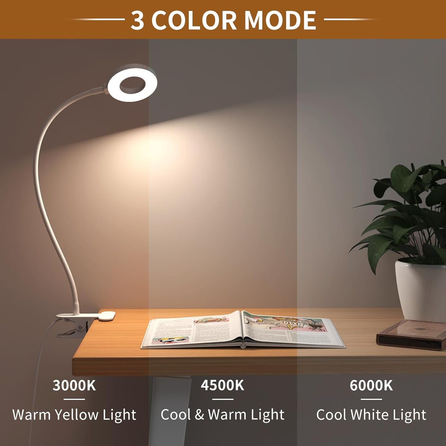 3 Kleurmodi LED Bureau Klem Lamp met Flexibele Gooseneck – Selvara