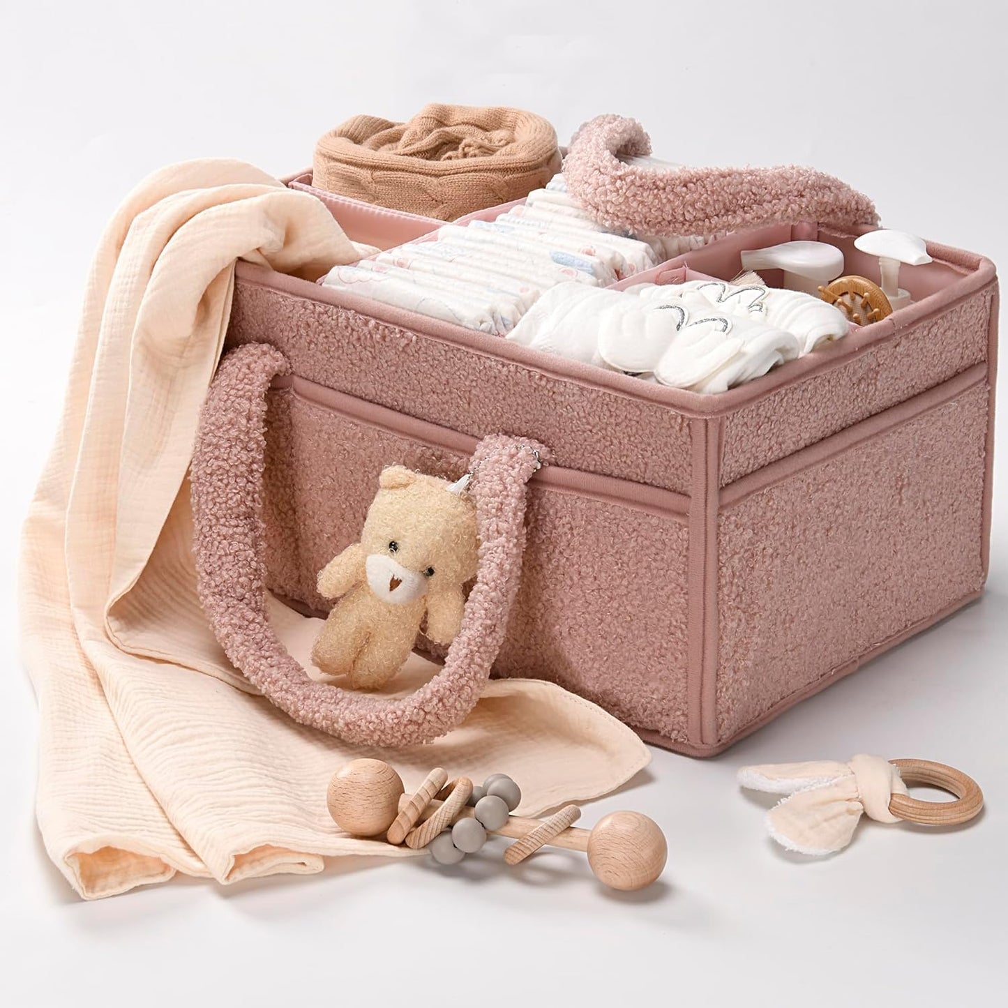 Baby Luiertas Caddy Organizer – Zachte Sherpa Opbergmand met Compartimenten – Elvoria