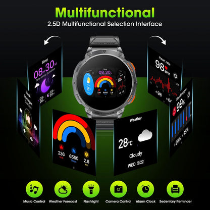 Militaire Smartwatch voor Mannen met 1,85" HD Scherm en Fakkel