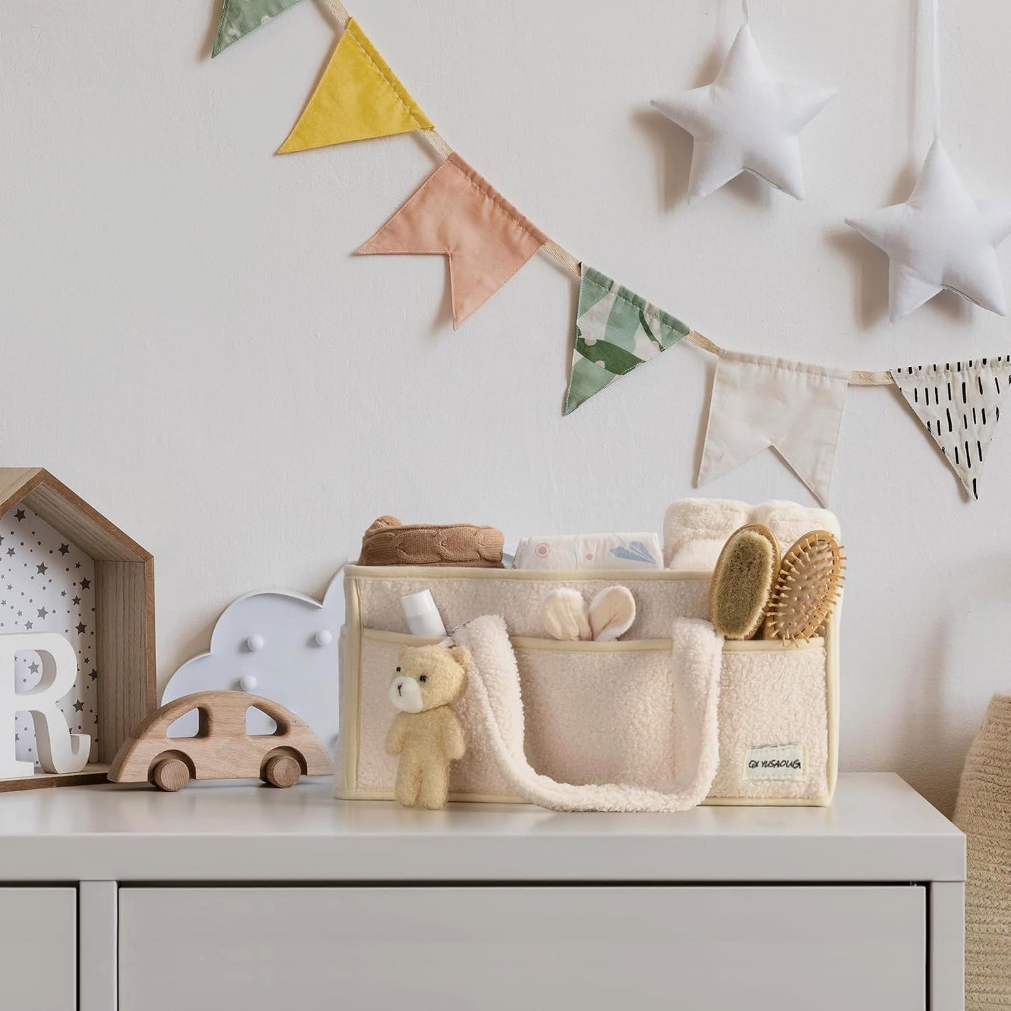 Baby Luiertas Caddy Organizer – Zachte Sherpa Opbergmand met Compartimenten – Elvoria