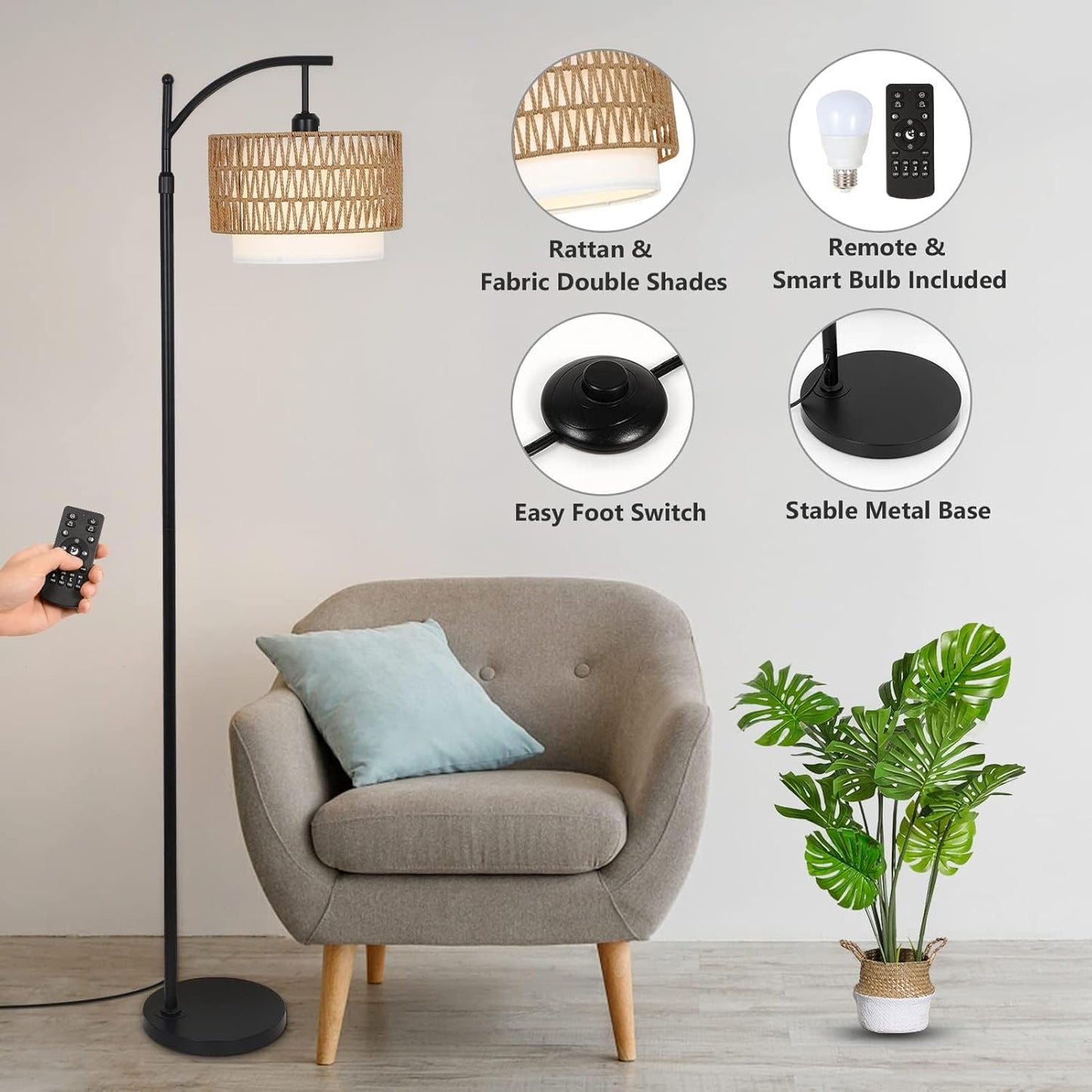 Boogvloerlamp met Afstandsbediening & Verwisselbare Kappen – Norvella