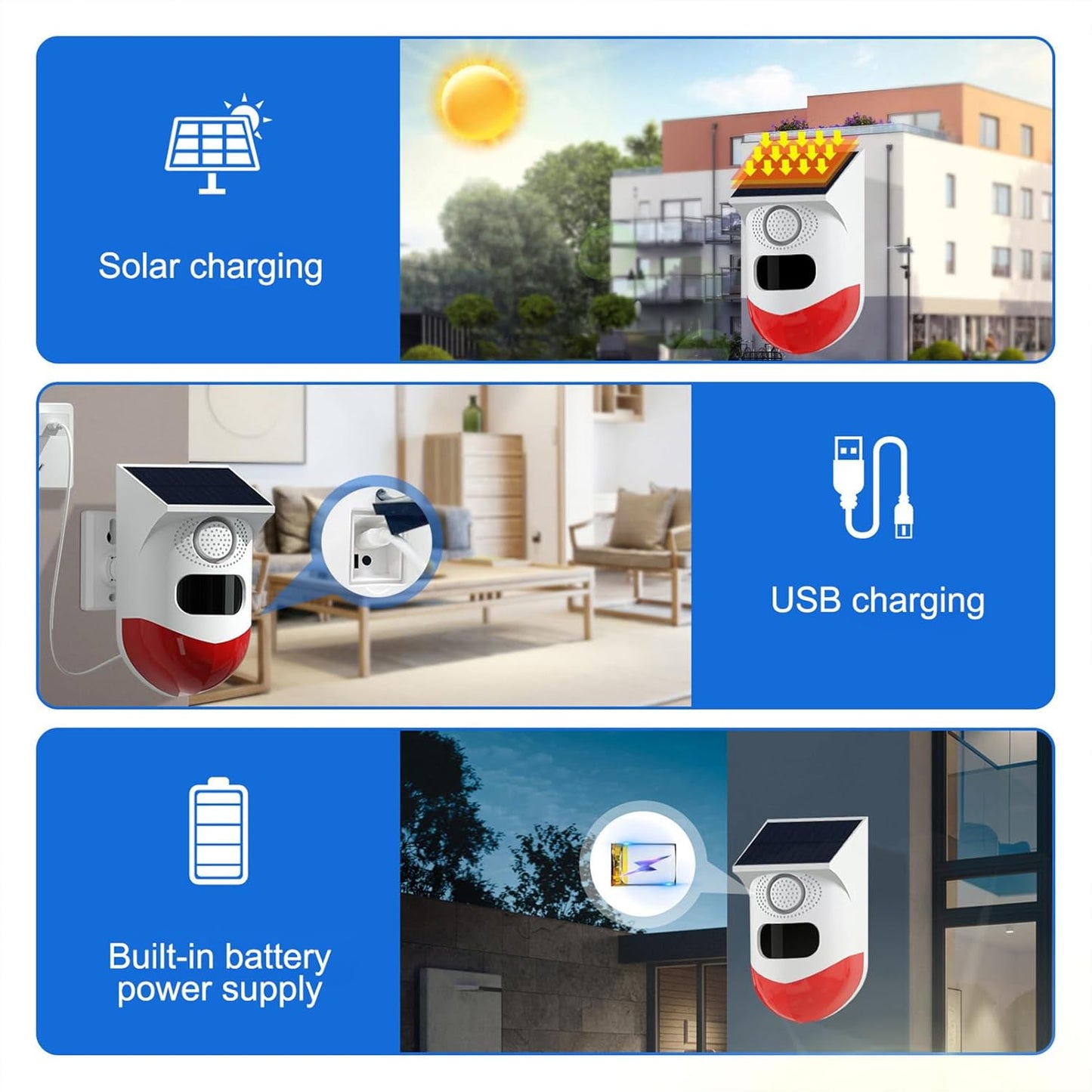 Zonne-energie Bewegingssensoralarm met 120 dB Sirene en LED-stroboscoop – Feronix