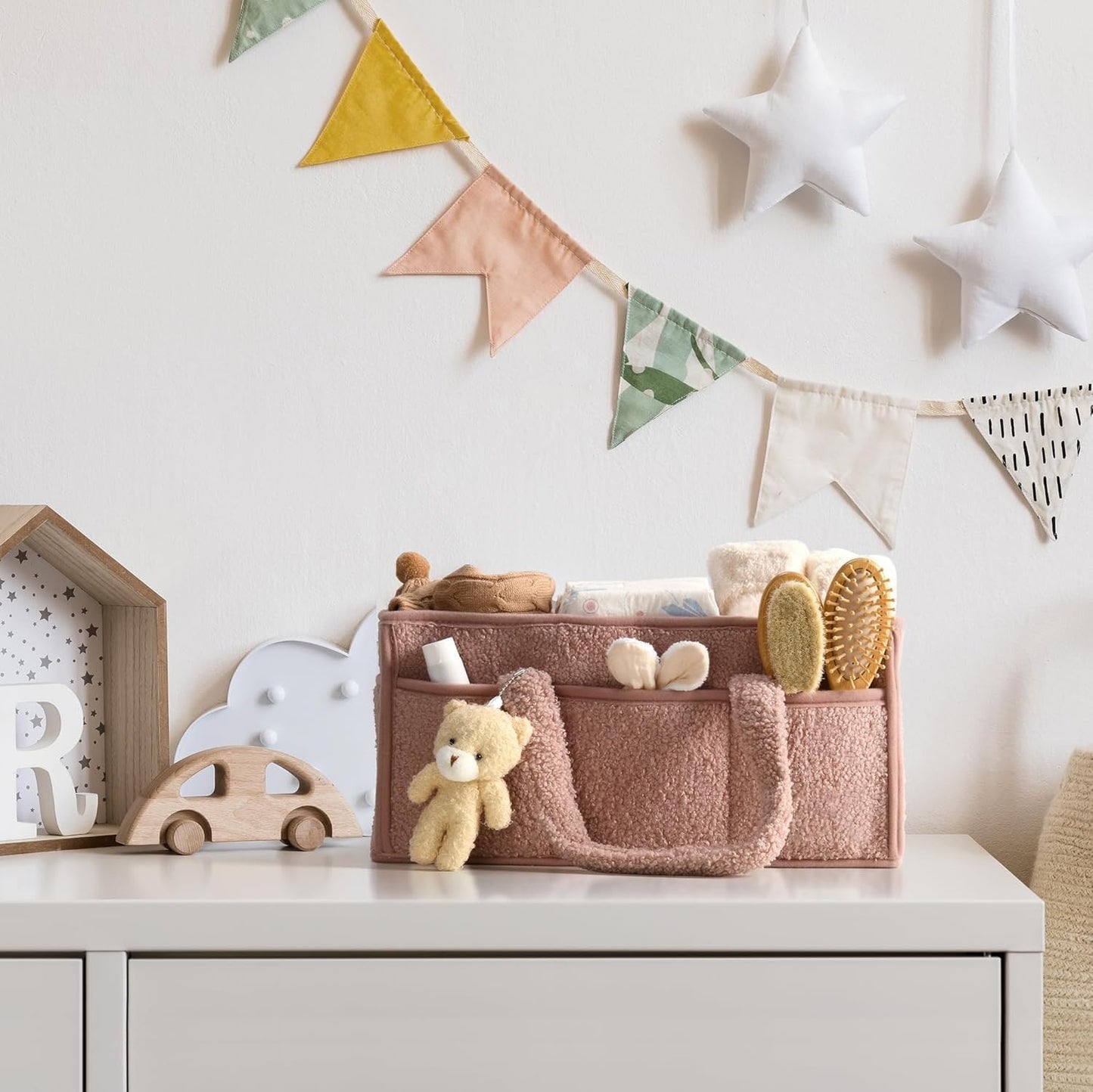 Baby Luiertas Caddy Organizer – Zachte Sherpa Opbergmand met Compartimenten – Elvoria