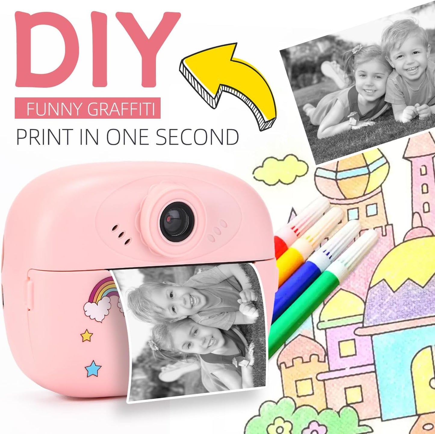 Print Kindercamera met Dubbele Lens, HD-video en Creatieve Set – Lymora