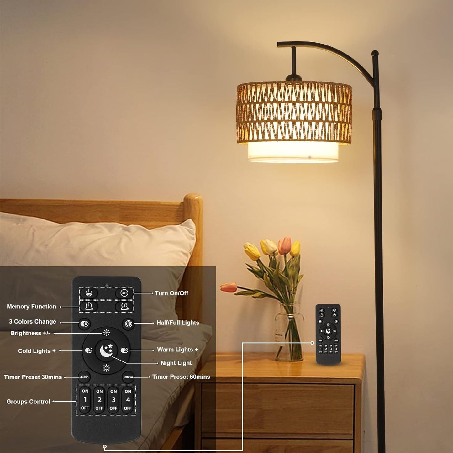 Boogvloerlamp met Afstandsbediening & Verwisselbare Kappen – Norvella