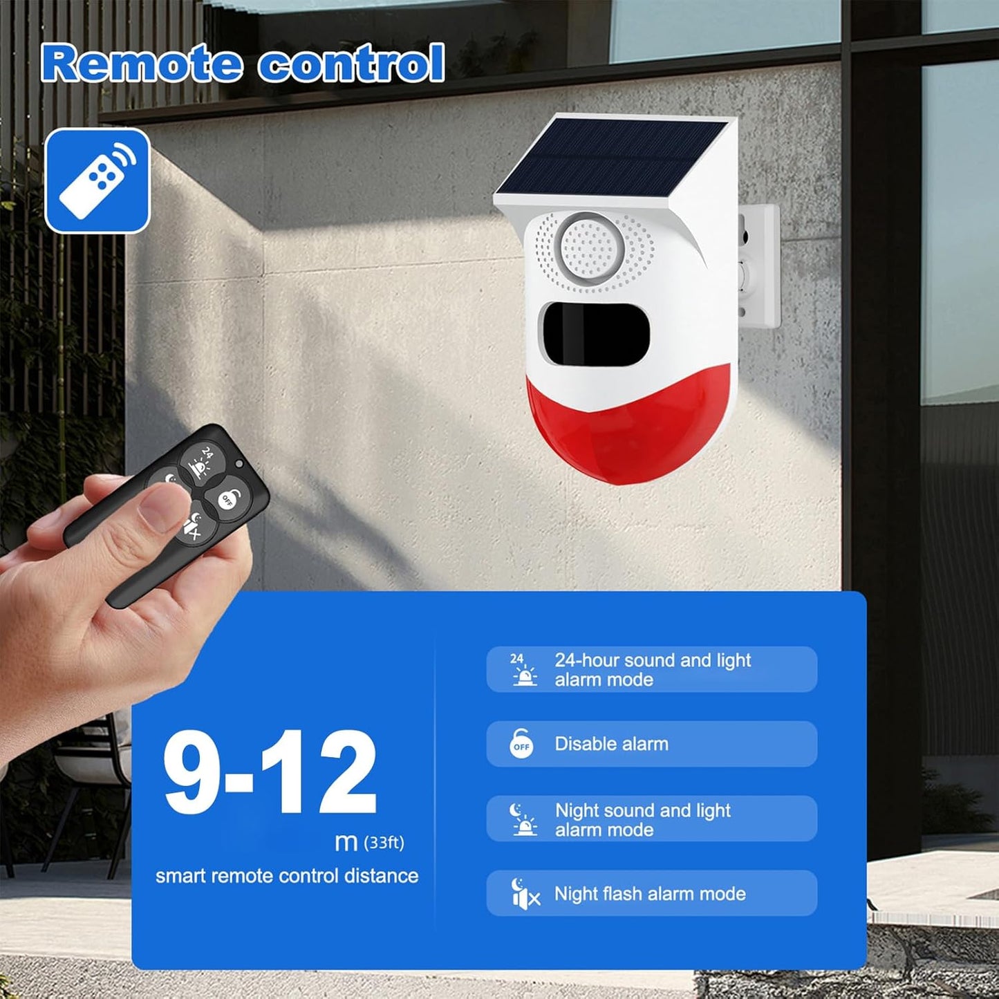 Zonne-energie Bewegingssensoralarm met 120 dB Sirene en LED-stroboscoop – Feronix
