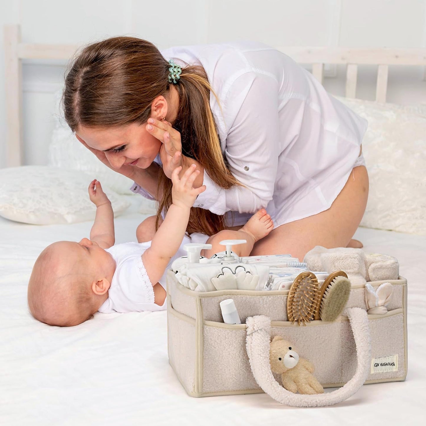 Baby Luiertas Caddy Organizer – Zachte Sherpa Opbergmand met Compartimenten – Elvoria