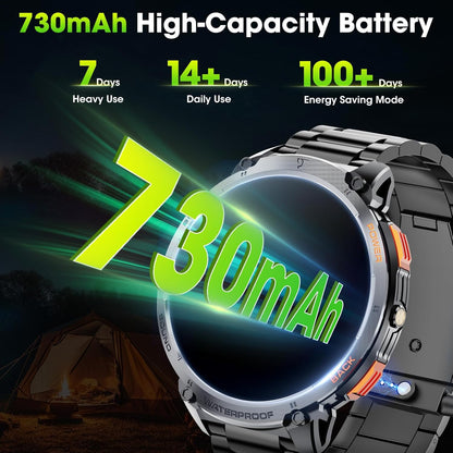 Militaire Smartwatch voor Mannen met 1,85" HD Scherm en Fakkel