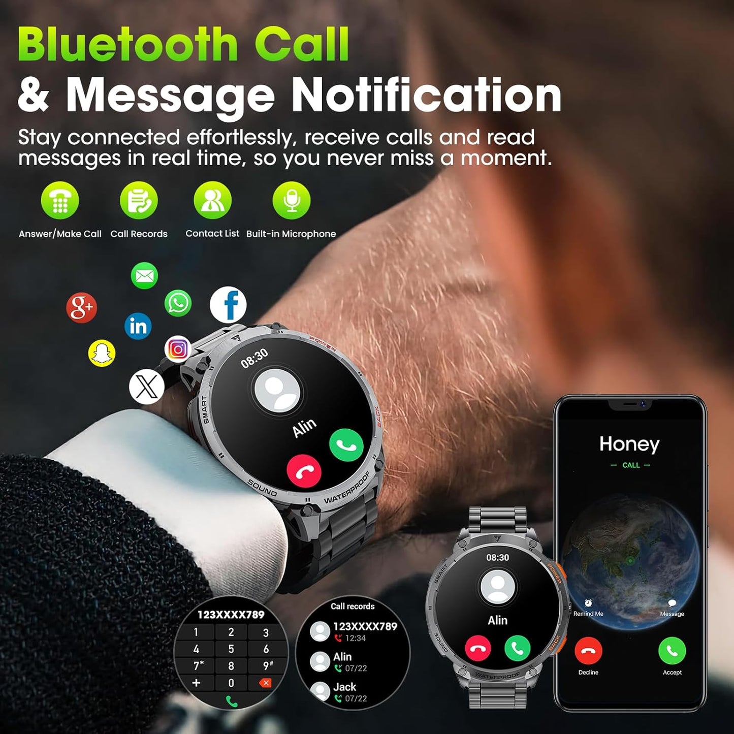 Militaire Smartwatch voor Mannen met 1,85" HD Scherm en Fakkel