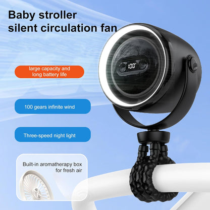 Oplaadbare kinderwagenventilator met klembevestiging en nachtlampje – 100 snelheden