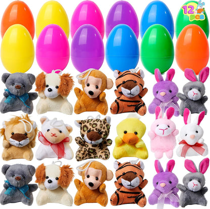 Pluche paaseieren met mini-diertjes voor kinderen – set van 12 verrassingseieren